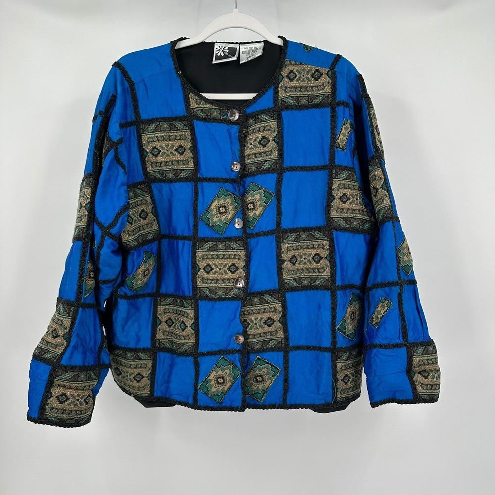 Womens Vintage Boho Silk Patchwork Jacket Size L Eclectic Maximalists Folk 90s